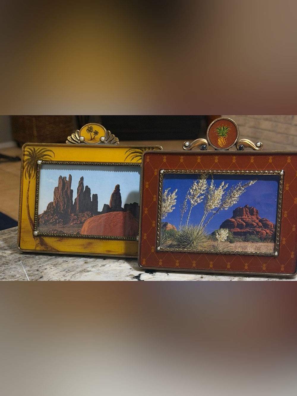 Set of 2 Tropical Photo Frames, Palm Tree & Pineapple, Gold Tone Enamel-Style